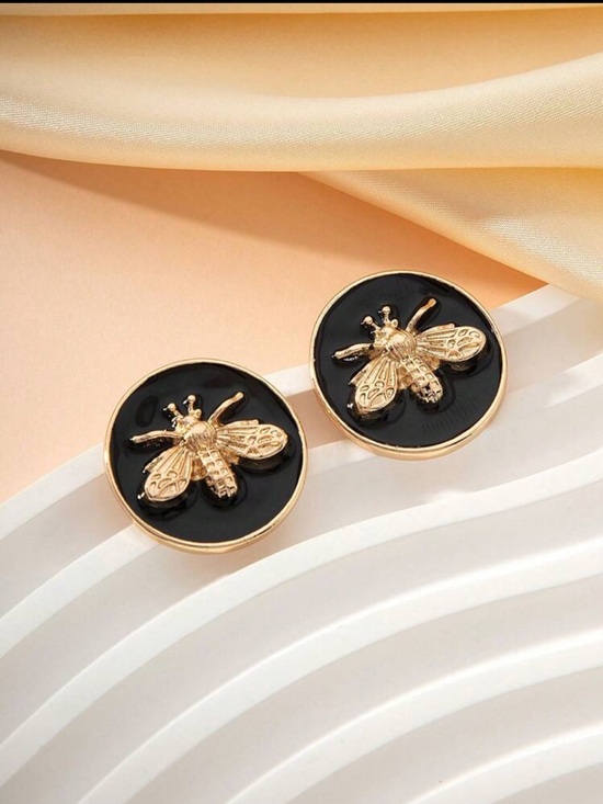 Jewelry - Gold Bee Black Enamel Stud Earrings